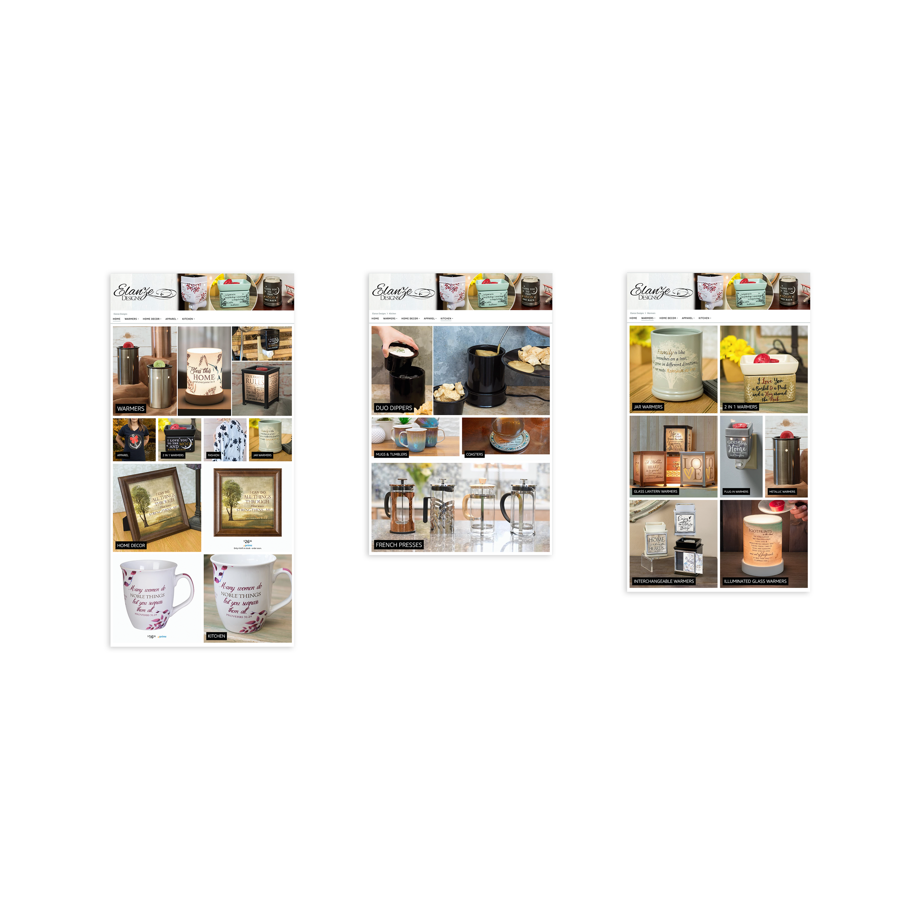 Elanze Designs Original Amazon Storefront before Sincerely Services Redesign