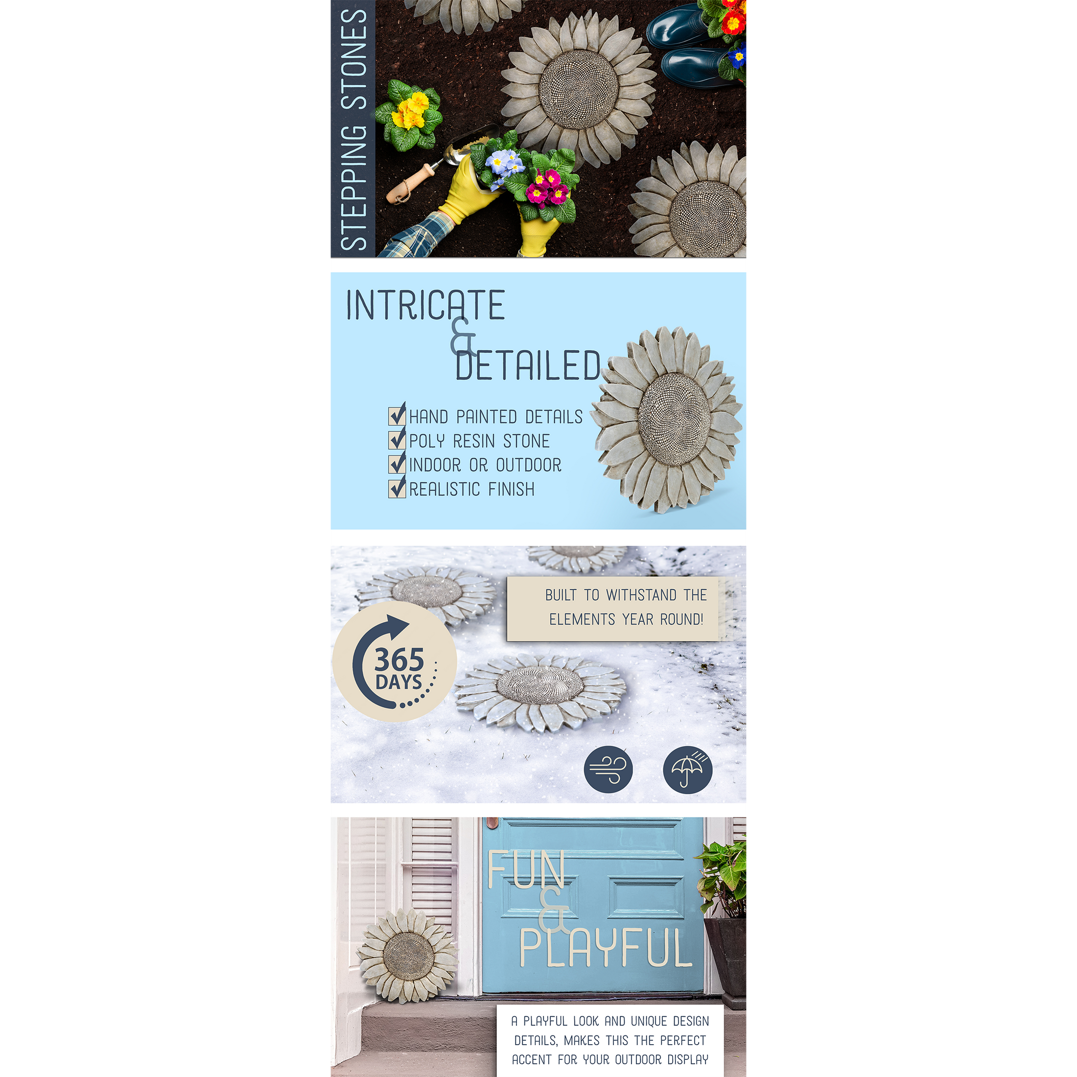 Sincerely Services designed Nat & Jules A+ Content for Outdoor Stepping Stones